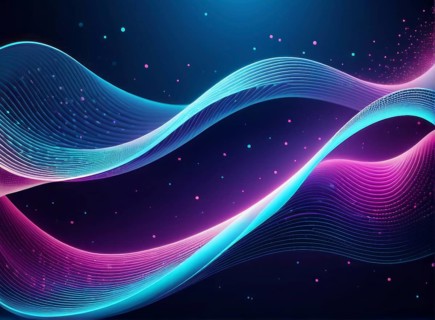 Neon blue and pink waves of light on a dark background create a glowing and ethereal abstract