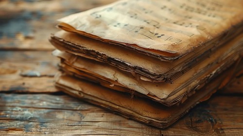A stack of aged, yellowed sheet music placed on a rustic, weathered wooden table, AI Generated, AI