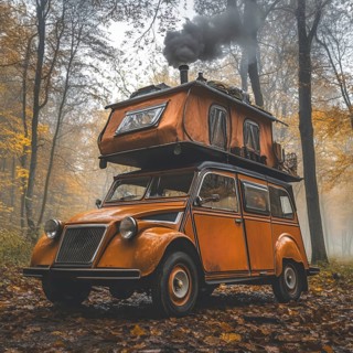 Orange vintage car with rooftop tent van in a foggy autumn forest, with smoke coming out of a