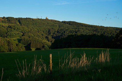 View of the Wasserkuppe with the Random, top right numerous paragliders, evening mood, Rhön, Hesse,