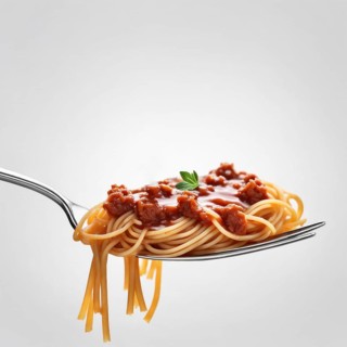 A close-up of a fork with spaghetti covered in meat sauce decorated with a basil leaf, AI generated