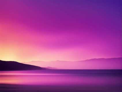 Calm sunset with a gradient sky over mountains and water in purple and pink hues, AI generated