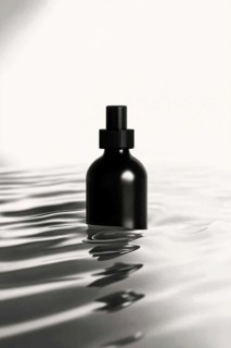 A black bottle floating in calm, reflective water with a minimalistic white background, AI