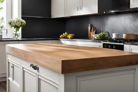 Bright modern kitchen with white cabinets, wooden countertop, and black accents, adorned with