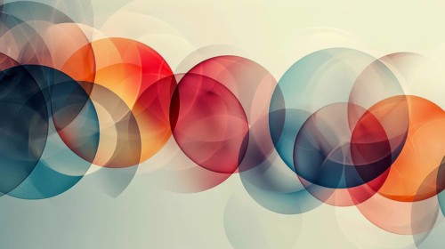 Abstract overlapping circles in red, blue, and orange on a light background with transparency and