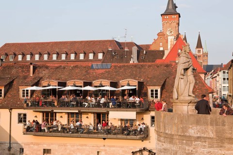 Old Main bridge in Wuerzburg with St Kilian's Cathedral and town hall, Wuerzburg, Lower Franconia,