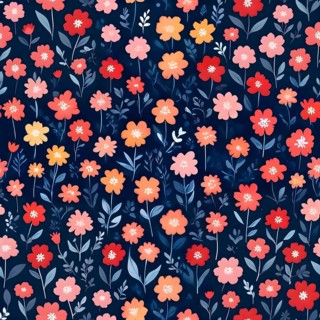 Dense floral pattern with red and peach flowers on a dark background, evoking a night garden feel,