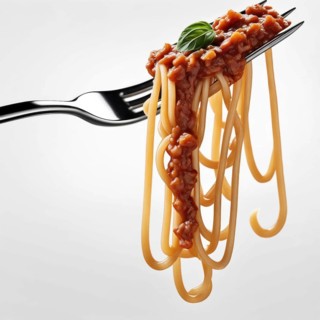 A fork raised with spaghetti draped in meat sauce and topped with a basil leaf in a bright