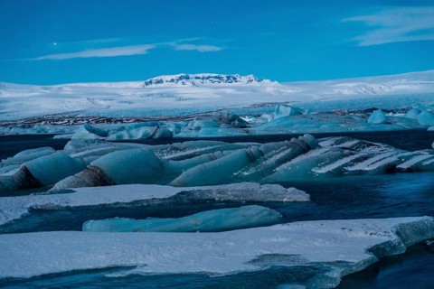 Detail of Jokulsarlon ice lake at night in winter. Iceland