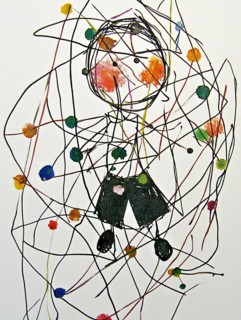A dynamic mixed media artwork featuring a sketch of a human figure entangled in colorful lines, AI
