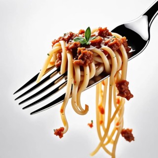 An elegant fork with spaghetti and rich meat sauce garnished with a fresh basil leaf, AI generated