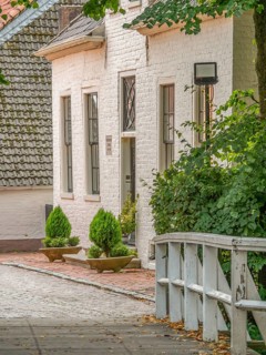 White house with large windows, plant pots in front of it, next to it a bridge with autumn leaves