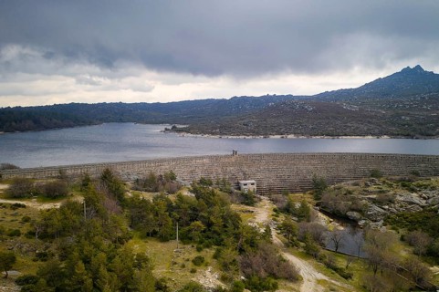 Landscape drone aerial view of Vale do Rossim dam in Serra da Estrela, Portugal, Europe