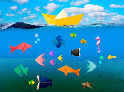 Paper-folded fish and boat, origami underwater world