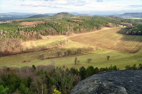 View from the Pfaffenstein. Forests, mountains, fields, vastness, panorama. Landscape from the Elbe