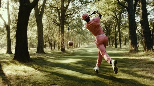 Golfer in pink attire swinging a club in a sunlit forest golf course, AI generated