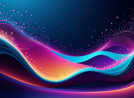 Colorful neon waves in blue and pink flow dynamically against a dark background, creating a vibrant