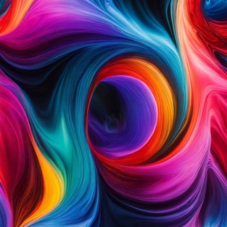 Colorful abstract fluid vortex with vibrant shades of purple, red, blue, and teal, creating a sense