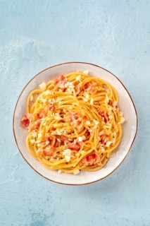 Carbonara pasta dish, traditional spaghetti with pancetta and cheese, shot from the top, Food