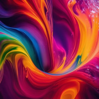 Vibrant fluid swirl with a spectrum of colors, including red, orange, yellow, green, and purple,