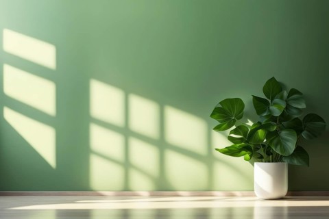 Sunlit room with green wall and plant in a white pot casting shadows, AI generated