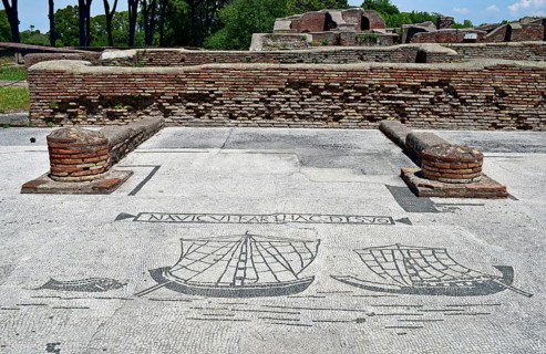Mosaic with maritime themes, ships, remains of walls