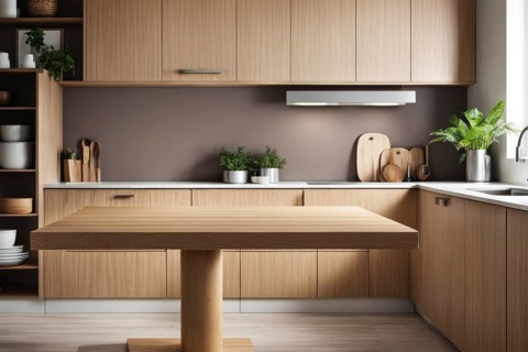 Modern kitchen with a wooden table, brown cabinets, plants, and minimalist design creating a cozy