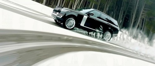 Car speeding through a snowy forest landscape, showcasing dynamic motion, AI generated
