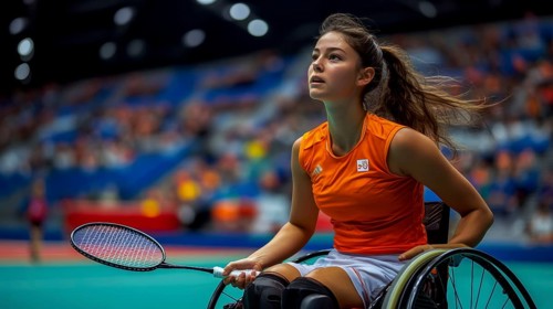 A wheelchair tennis player in an orange shirt looks focused while holding a badminton racket, ready