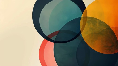 Overlapping circles in dark blue, green, orange, and red on a light background with gradient and
