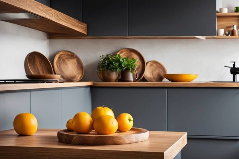 Modern kitchen with grey cabinets, wooden plates, and a bowl of oranges, featuring natural decor,