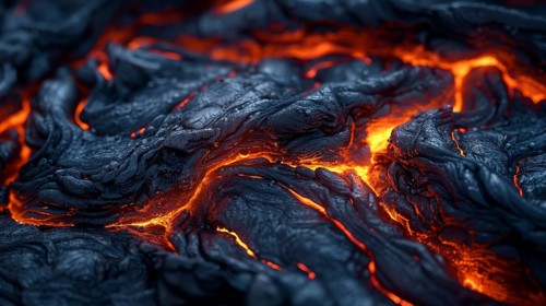 Black and orange intense lava textures, glowing with a fiery energy through rough terrain, AI