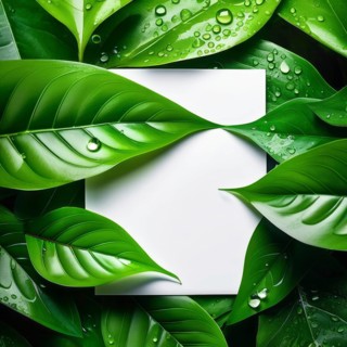 White card framed by lush green leaves with water droplets, giving a fresh botanical backdrop, AI