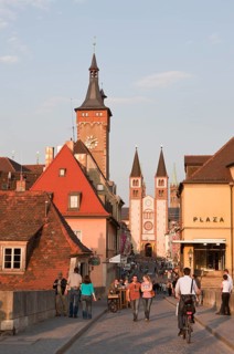 Old Main bridge in Wuerzburg with St Kilian's Cathedral and town hall, Wuerzburg, Lower Franconia,