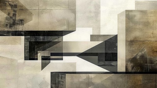 Abstract geometric composition with overlapping rectangles in neutral tones of beige, gray, and