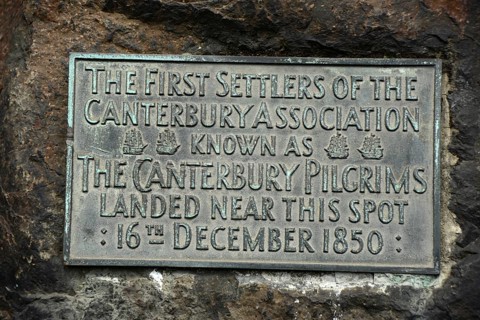 Detail of a plaque on Pilgrim Rock, a monument to the original Canterbury Pilgrims who settled in