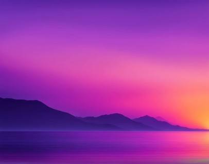 Serene gradient sunset behind mountains over calm water with purple and pink tones, AI generated