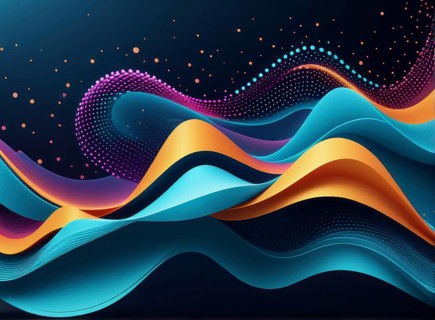 Abstract neon waves in blue and orange create a striking, flowing pattern on a dark background in a