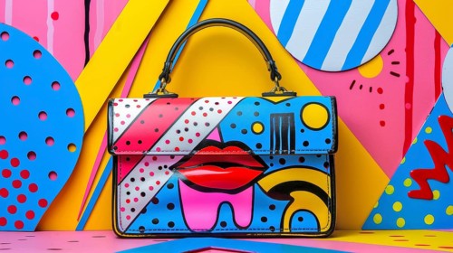 Handbag in pop art style with bright colors, geometric patterns, and abstract design including a