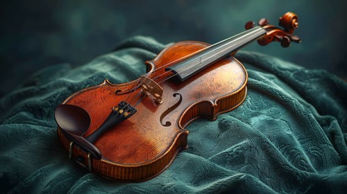 A beautifully crafted violin resting on a textured green fabric, displaying its elegant wooden body