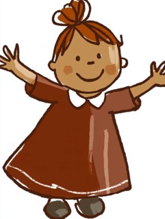 Cartoon drawing of a cheerful girl in a brown dress with arms spread wide, AI generated