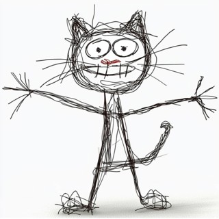 A whimsical child-like sketch of a cat with a simple, scribbled style in black and white, AI
