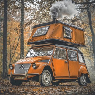 Orange vintage car with rooftop tent van in an autumn forest with smoke coming out of a chimney on