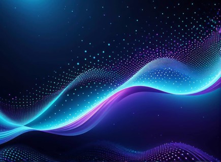 Flowing blue and purple neon lights with scattered dots create a modern abstract digital art on a