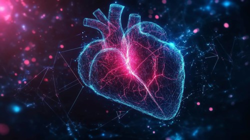A digital heart glowing with neon blue and pink tones, surrounded by luminous lines and particles,