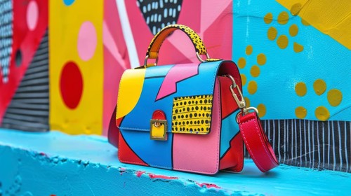 Handbag featuring colorful abstract art with geometric shapes and polka dots against a vibrant
