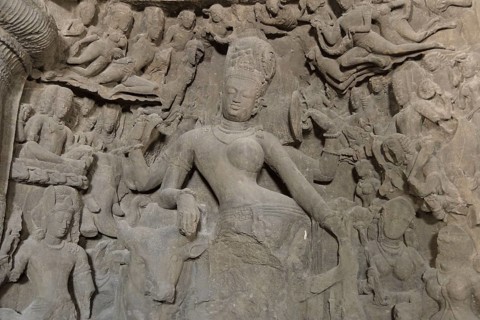 Figure of Shiva in one person with Parvati in the main cave of the Shiva temple on Elephanta