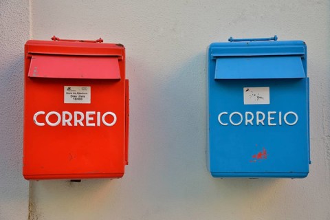 Red and blue mailboxes, Alfama, Lisbon, Lisbon District, Portugal, Europe