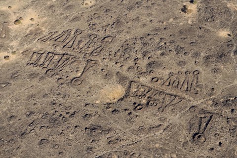 Neolithic stone ritual buildings, so-called mustatils, aerial view, near Khaybar, Medina province,