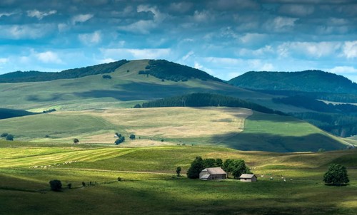 Farm in Cezallier massif, Regional Nature Park of Volcans d'Auvergne, Puy de Dome department,
